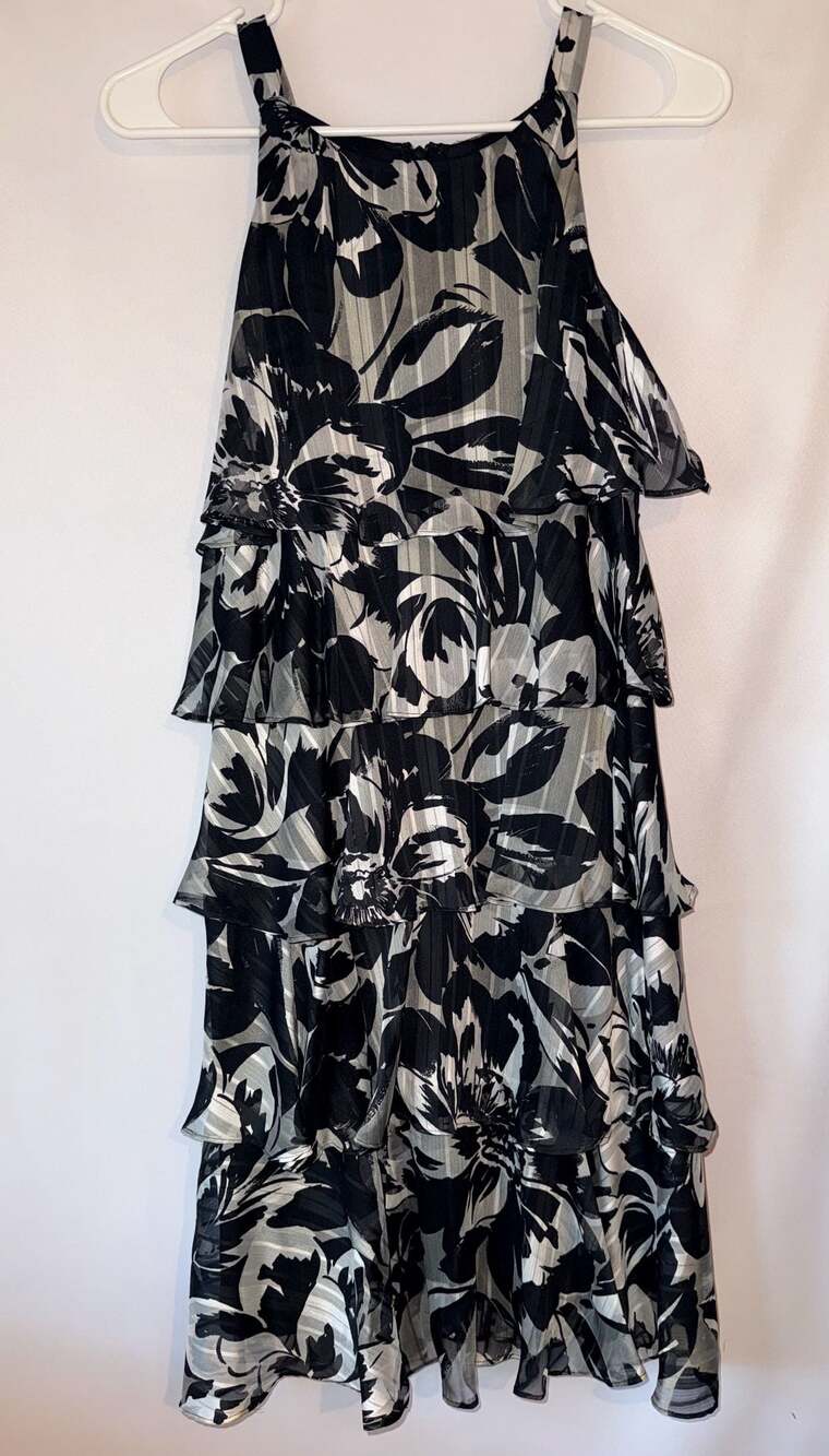 Dressbarn Black White Floral Tiered Ruffle Dress Size 10 Dark Fairy Whimsigoth